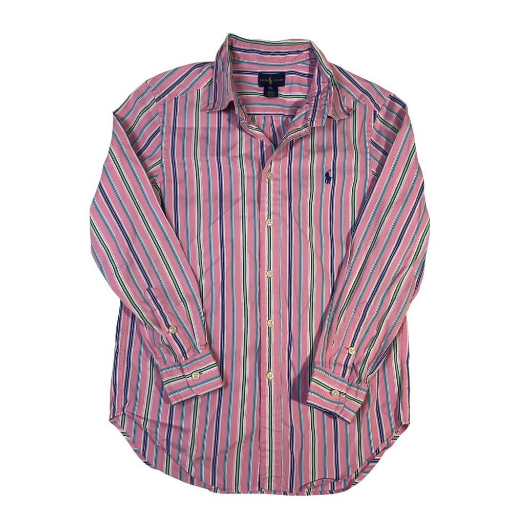 Ralph Lauren Kids Pink Multi Stripe Button Down Shirt Boys Size M 10-12 Cotton